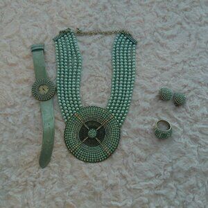 Heidi Daus Turquoise Six Strand Large Belgium Disc Necklace Watch Earrings Ring
